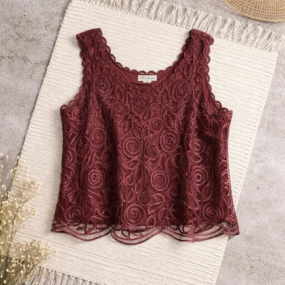 Soulmates‎ 1X 100% Silk Handcrafted Beaded Vintage Cutout Shimmer Tank Top Brown